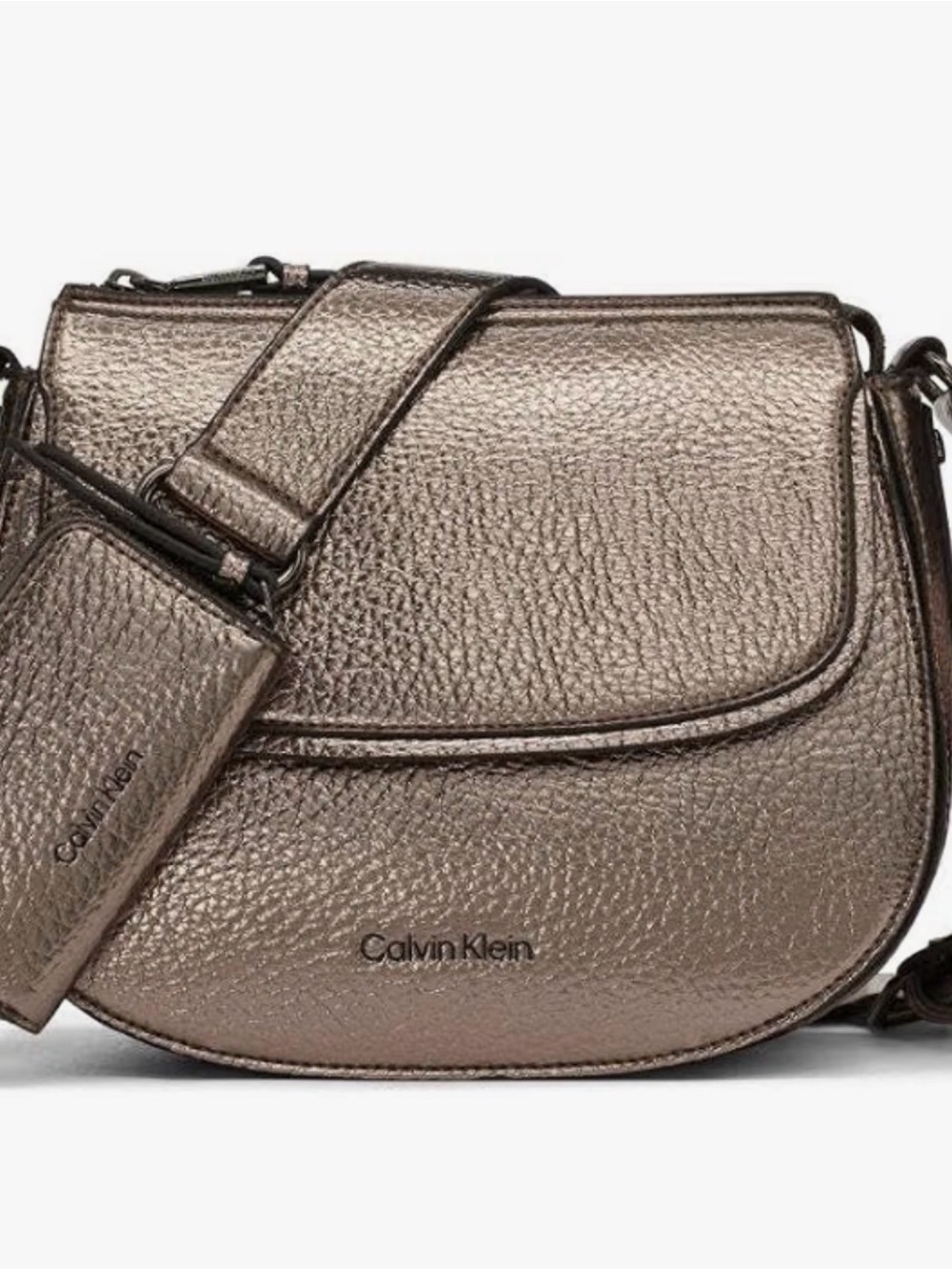 Calvin Klein Metallic Gunmetal Pebble-
Textured Crossbody Bag